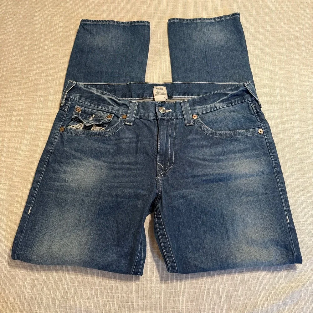 True Religion Mens Section Boot Cut Jeans 38 Blue Thick Stitch Made in USA